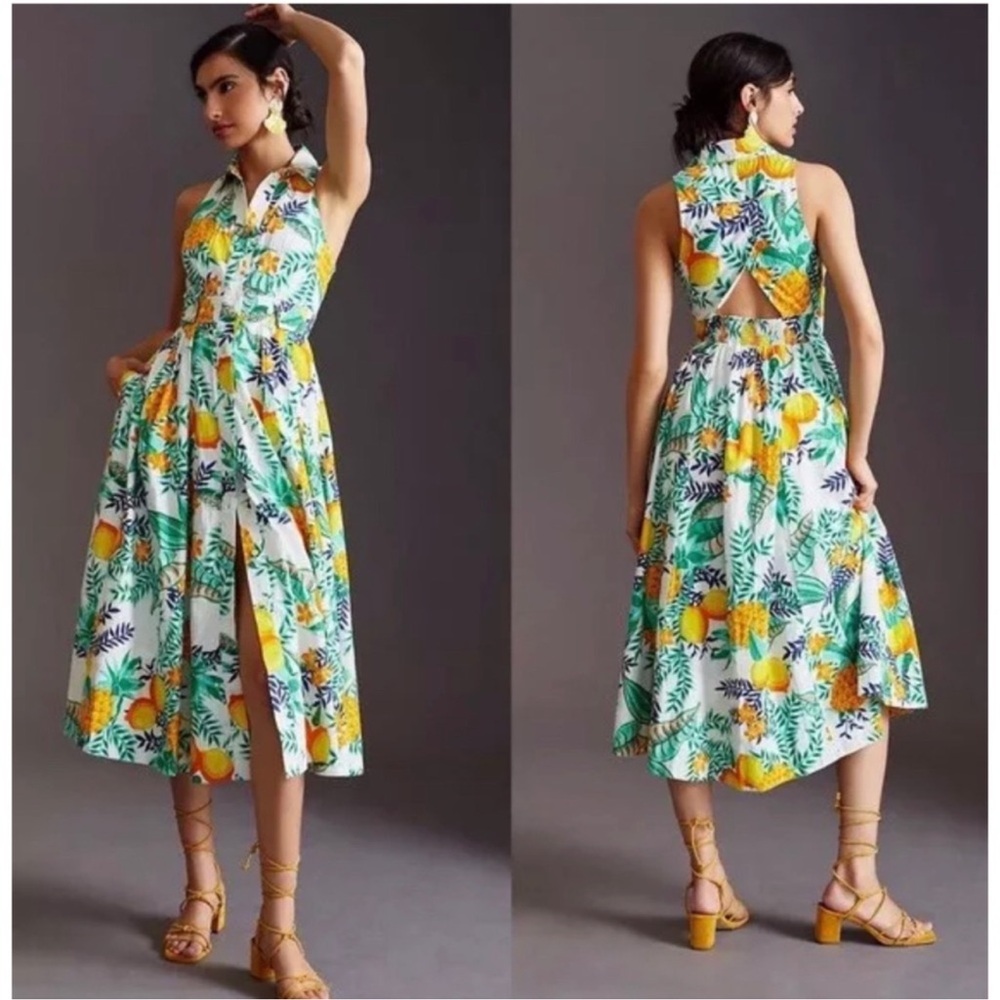 Maeve Anthropologie Tropical Fruit Print Midi Maxi Shirt Dress Cutout Back
